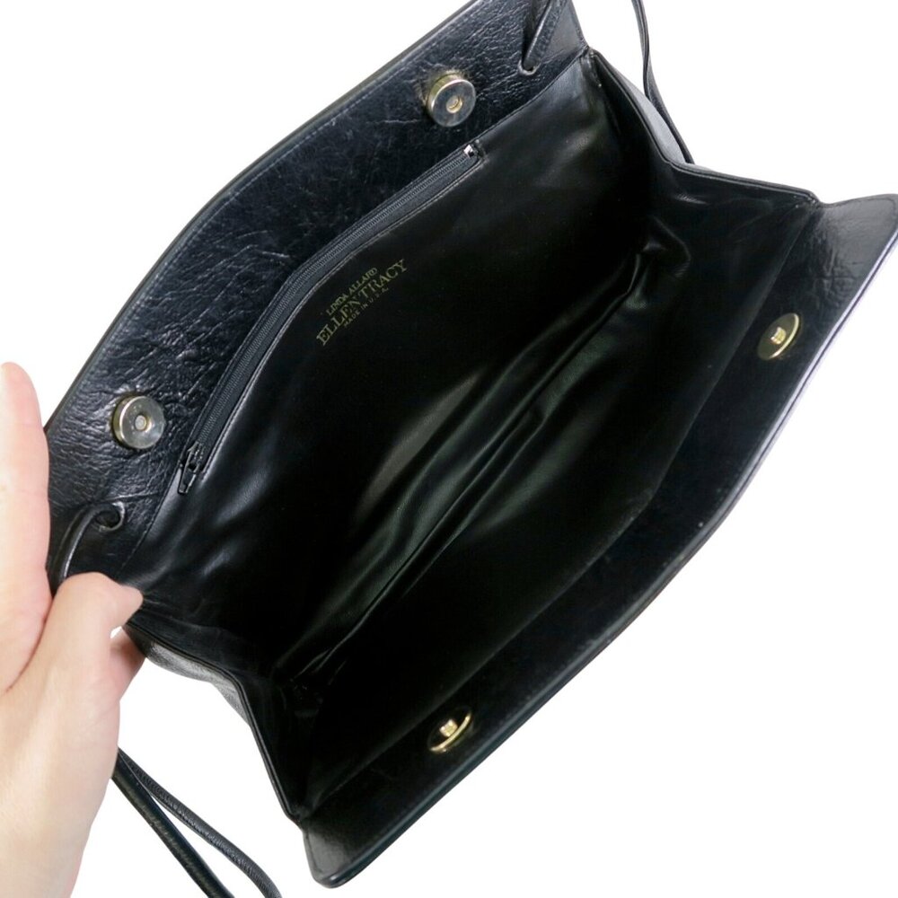 Black Leather Shoulder Bag Vintage 1980s Linda Allard Ellen Tracy Purse Clutch - Picture 6 of 7
